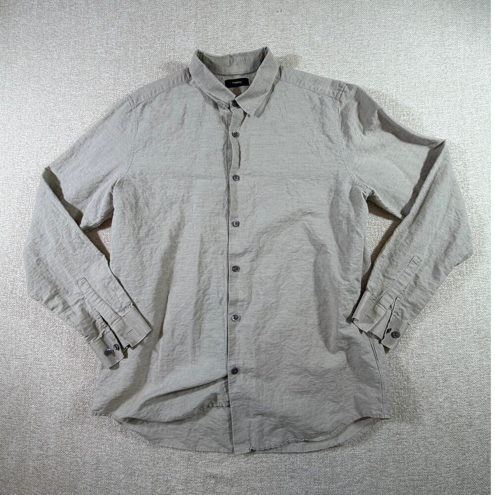 Theory Mens Large Tan Linen Blend Irving Long Sleeve Button Front Casual Shirt